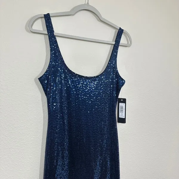 Bebe Women's Size Small Navy Blue Sequin Scoop Neck Maxi Dress Side Slit Party - Image 4
