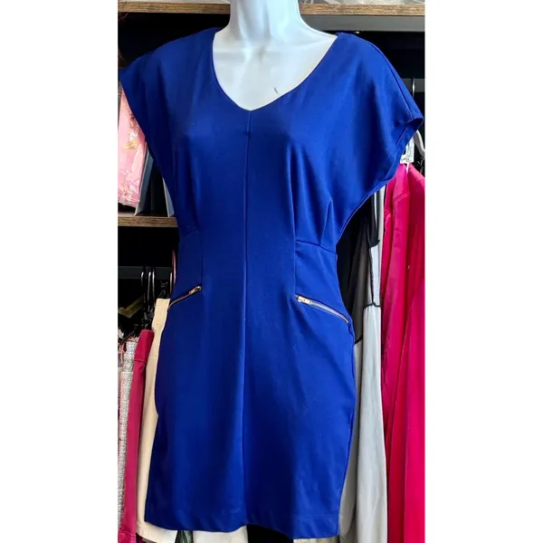 Forever‎ 21 Royal Blue Cap Sleeve Sheath Dress Gold Zip Pockets Size S - Image 2