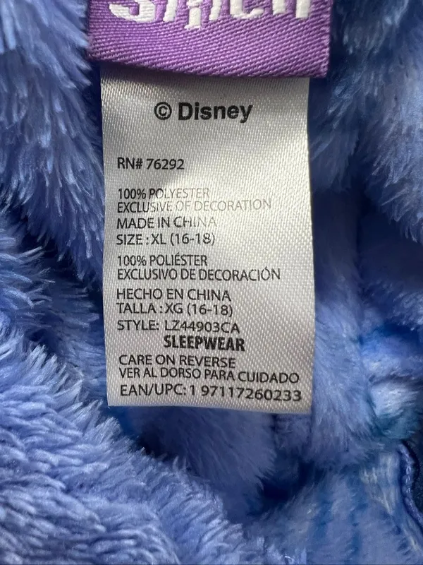 Disney Stitch Women’s One-Piece Pajama Blue Fleece Plush Hooded Size XL 16/18 - Image 7