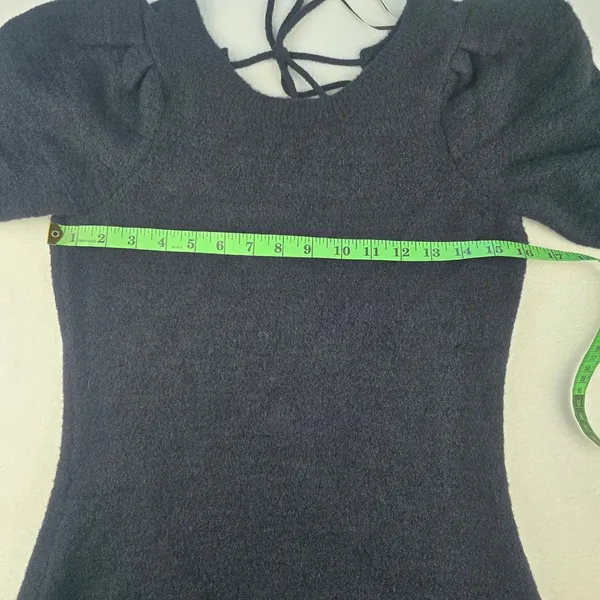 Anthropologie Daily Practice Black Knit Mini Dress‎ Puff Short Sleeve Tie Back S - Image 9