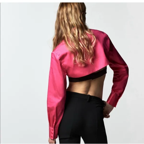 ZARA NWT POPLIN LONG SLEEVES‎ CROP TOP FUCHSIA Shirt 4886/253 M - Image 2