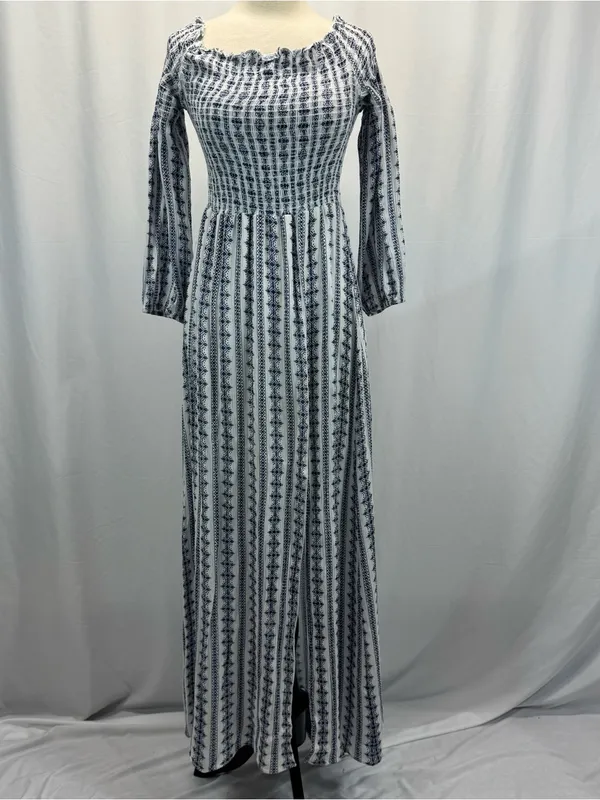 Altar'd State White and Navy Smocked Off-Shoulder Maxi Dress L Boho Cottagecore - Image 2