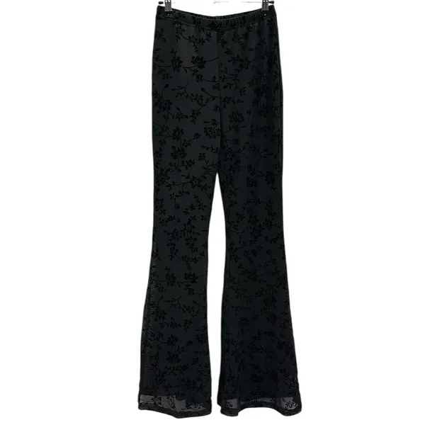 Source Unknown Black Mesh Floral Velvet Fully Lined High Waist Flare Stretch Pants Womens Small - Image 12