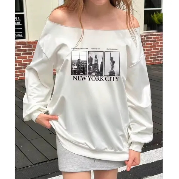 Shein Women’s XS White NYC Graphic Sweatshirt Off Shoulder Times Square Liberty - Image 7