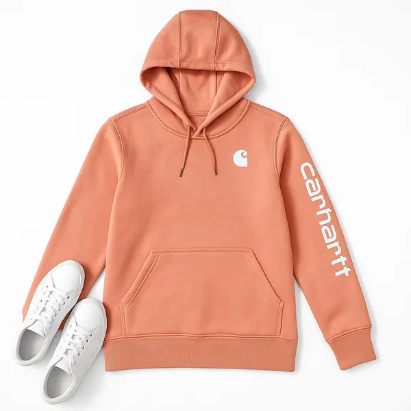 Carhartt Rose Clay Logo Sleeve Hoodie XS Relaxed Fit Pullover Sweatshirt Top EUC - Image 11