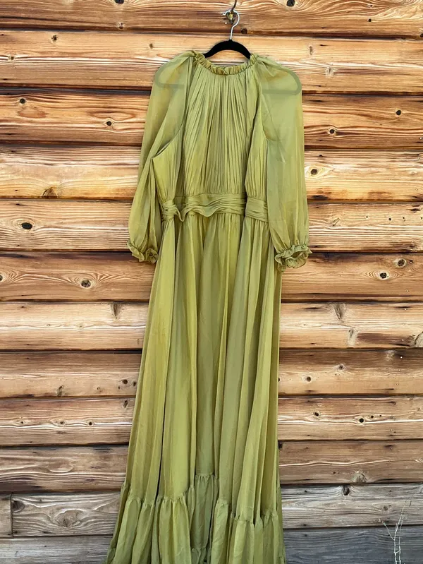Mac Duggal Size 20 Olive Green Plus Size Chiffon Ruffle High Neck Maxi Gown - Image 4