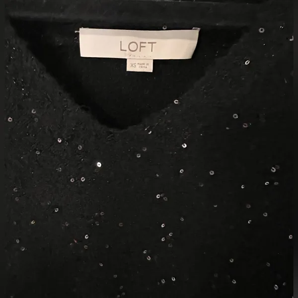 Loft Sequin Double V Sweater Size XS Black Sparkles Holiday Sweater New Years - Image 2