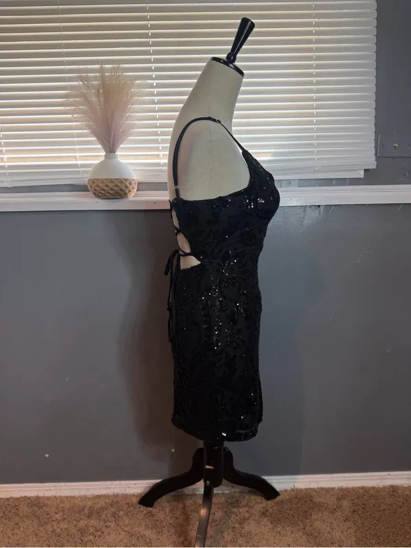 Lovesome Black Sequin Lace Up Open Back Bodycon Mini Dress Size M - Image 6