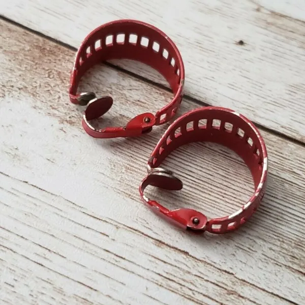 Vintage Clip On Earrings - Red Hoops with Rectangle Cut Outs 0.75" - Image 4
