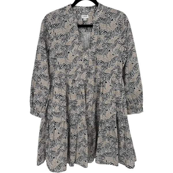J.Crew Animal Print Novelty Zebra Leopard Long Sleeve Tiered‎ Mini Dress Size XS - Image 3