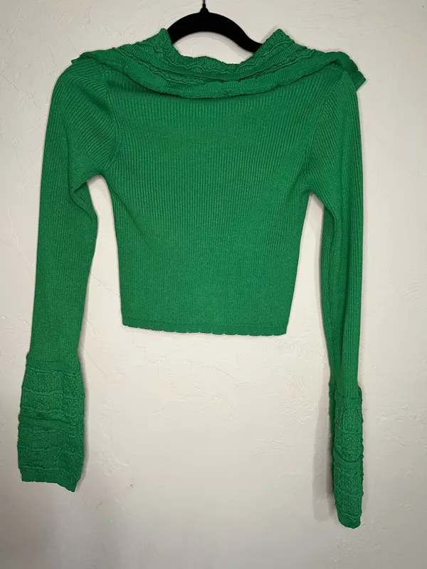 Cider Kelly Green‎ Ribbed Cropped Button-Up Exaggerated Cuff Cardigan Sweater - Image 5