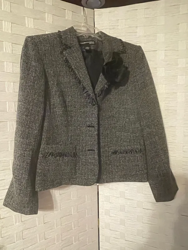Norton McNaughton Women's Tweed Fringe Blazer Black White Sz 10P - Image 9