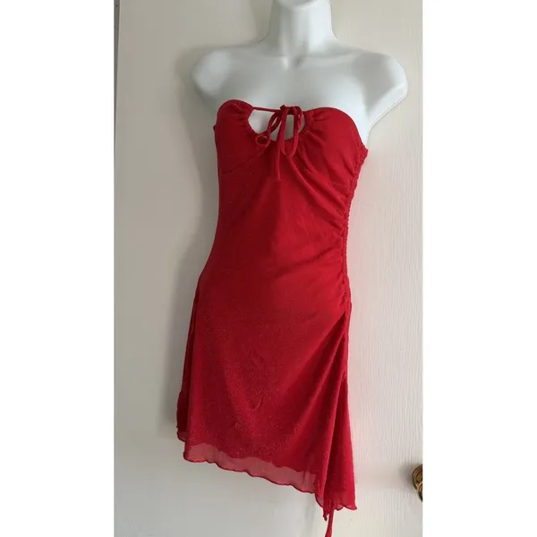 Princess Polly Red Strapless Ruched Mini Dress Tie Front Glitter Y2K Party US 4 - Image 3