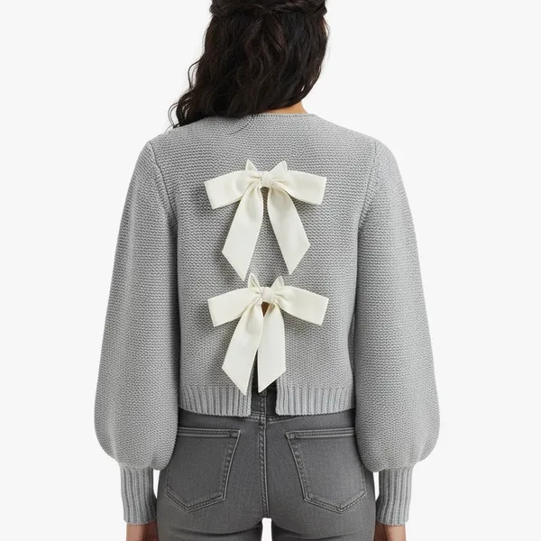 COMMENSE Crew Neck Bow Knit Top Gray Size M - Image 2