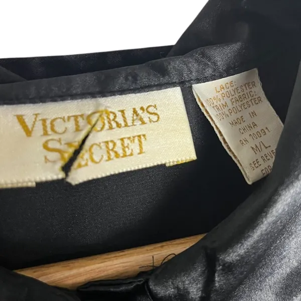 Vintage Gold Label Victorias Secret Satin‎ And Lace Robe Black Whimsigoth M/L - Image 5