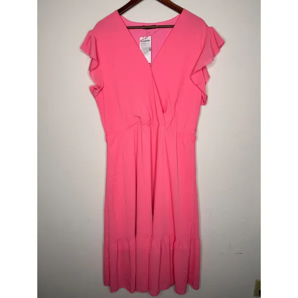 PrettyGarden Flutter Sleeve Wrap Midi Dress Pink‎ Solid Casual Boho Size XXL - Image 13