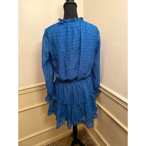 NSR Nordstrom Royal Blue Plaid Ruffle Mini Dress Smocked Waist Long Sleeve Boho - Image 6