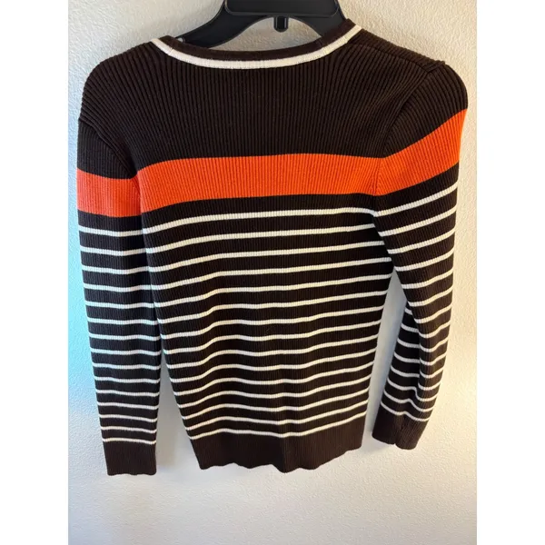 Lauren Ralph Lauren Brown Striped Ribbed V-Neck Cardigan Sweater Orange White M - Image 3