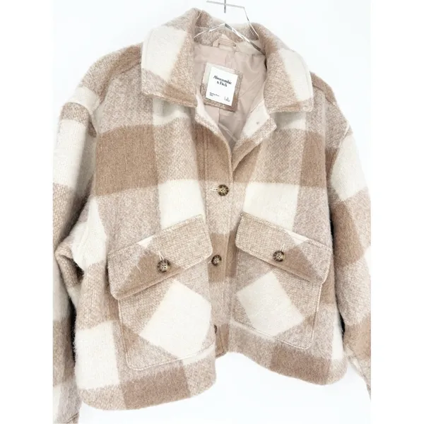 Abercrombie & Fitch Plaid Oversized Shacket‎ Women's L Tan Cream Cozy - Image 5