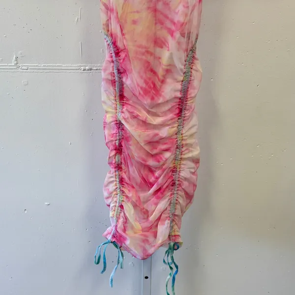 Oh Polly Tie-Dye Sheer Bodycon‎ Mini Sleeveless Dress Pink Medium Cinched Hem - Image 4