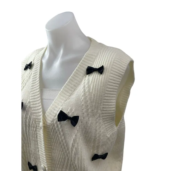 Cloud Ten White Cable Knit Bow Button Sleeveless Cardigan Sweater Vest Top Sz M - Image 2