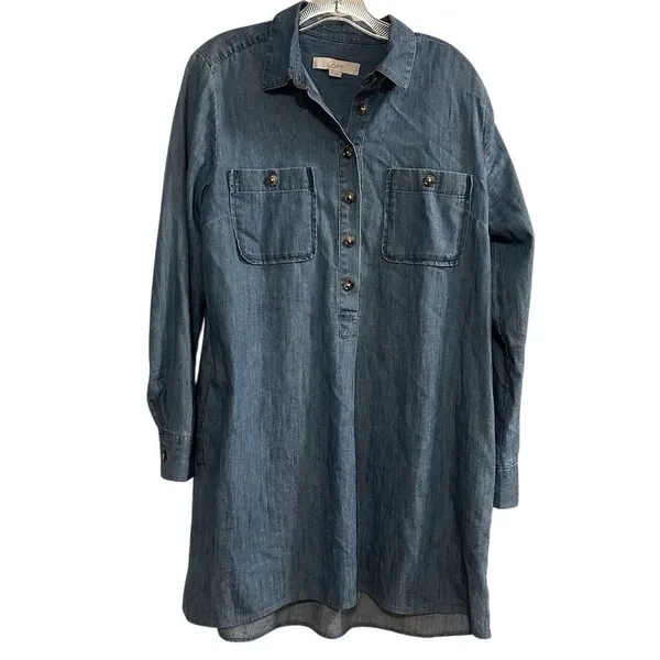 Ann Taylor LOFT Women's M Blue Denim Long Sleeve Tunic‎ Dress Short Side Pockets - Image 10