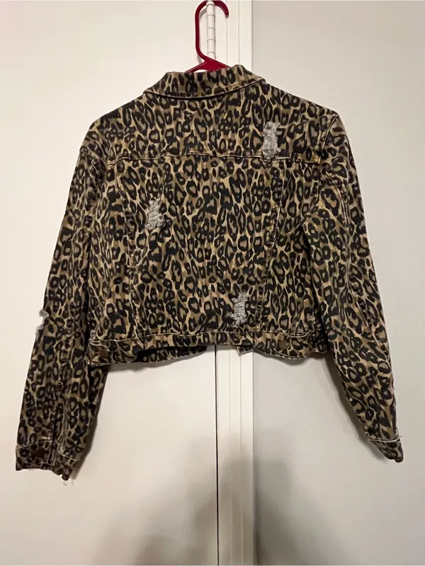 Vintage Havana Leopard Animal Print Stretch Cropped Button Front Jacket Size L - Image 3