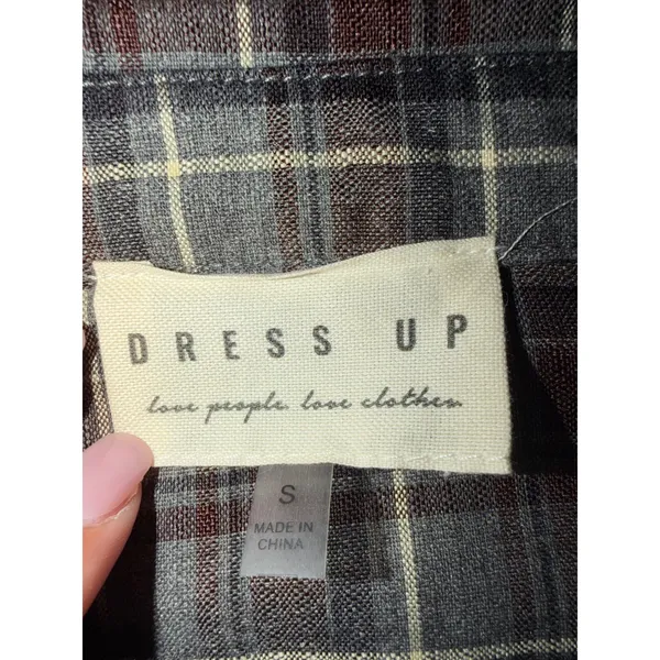 Dress Up Womens Plaid Tiered Button Front Dress Puff Sleeve Grey Burgundy Small - Image 2