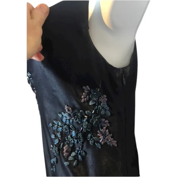 Y2K Alex Evenings navy beaded slip cowl neck floral satin formal Gown small - Image 7