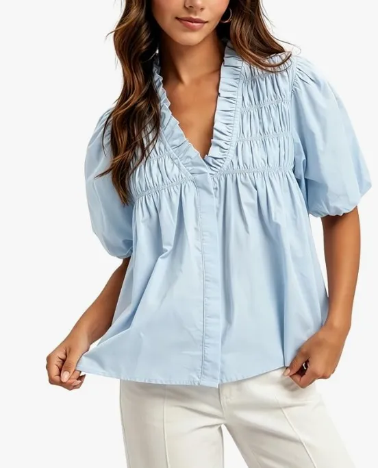 Amazon Women Puff Short Sleeve Blouse Ruffle V Neck Smocked Top Loose Fit Flowy Summer Shirt - Image 4