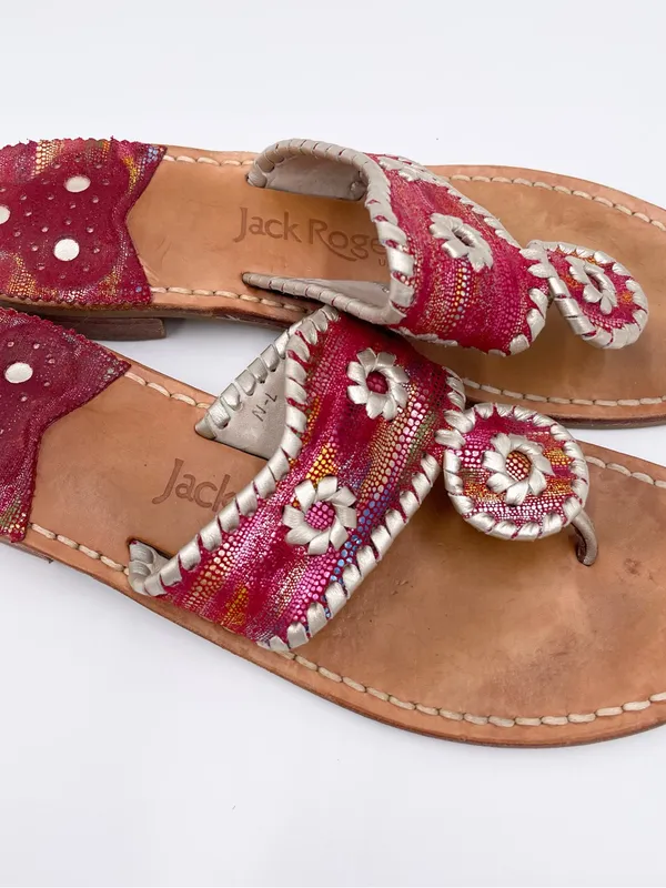 Jack Rogers Navajo Flat Metallic Red Silver Whipstitch Leather Thong Sandals 7 N - Image 12