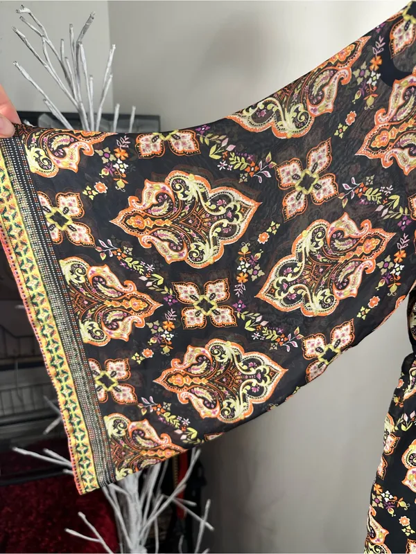 Socialite X331. Boho Paisley Peasant Mini Dress - Black with Peach Accents - Image 7