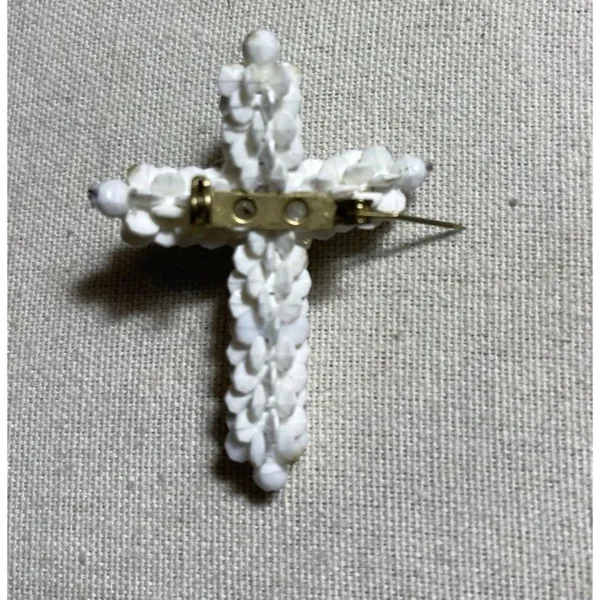 Vintage Religious Jesus Cross Christianity White Beaded Rose Brooch Sz 2” - Image 3