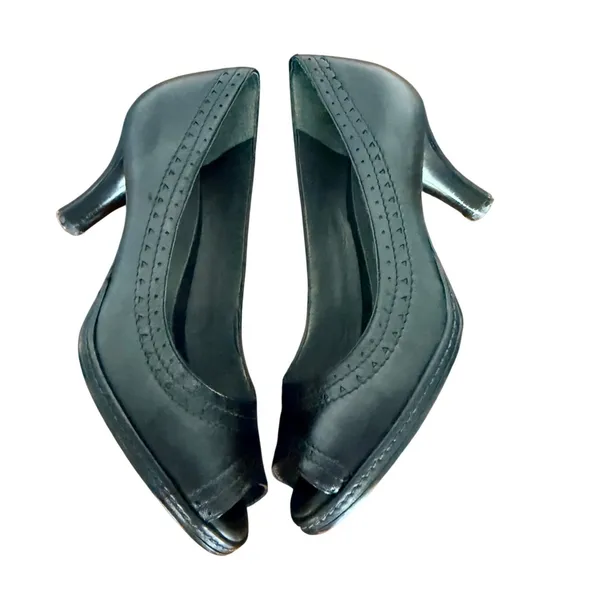 Nurture by Lamaze Sally Black Leather Peep Toe Wingtip Heels Shoes Size‎ 6 - Image 2
