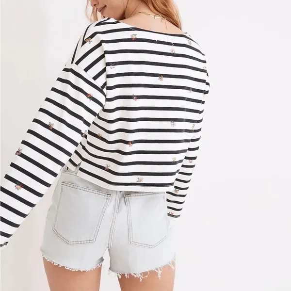 Madewell Shirt Striped Embroidered Floral Cropped Bell Sleeve Tee Stripe Coastal - Image 3