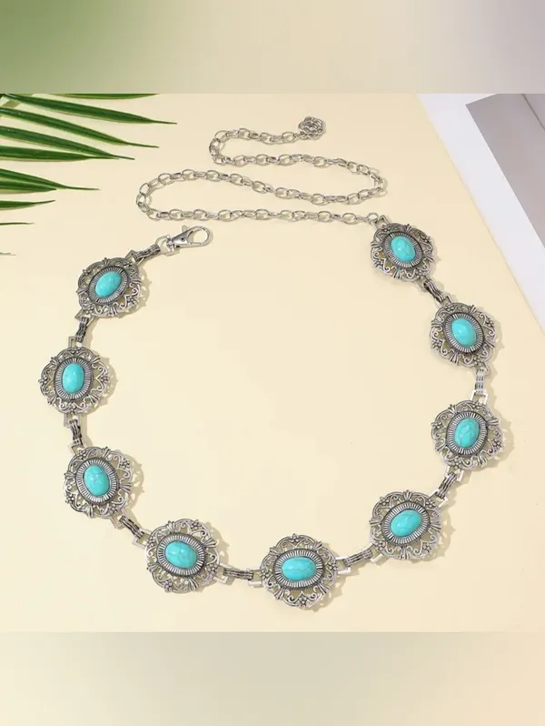 Turquoise Stone Waist Chain Belt - Boho Metal Link Design Fashion Accessories - Image 9