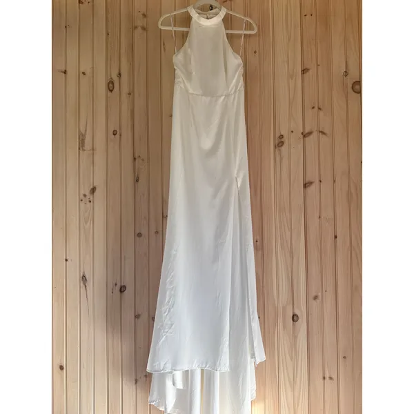 Lulus Radiant Adoration White Satin Lace Backless Halter Dress Elegant Medium - Image 2