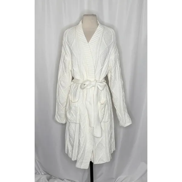BEACH RIOT Rinna Chenille Robe Cream Cable Knit Belted Pockets X-Small Small - Image 2