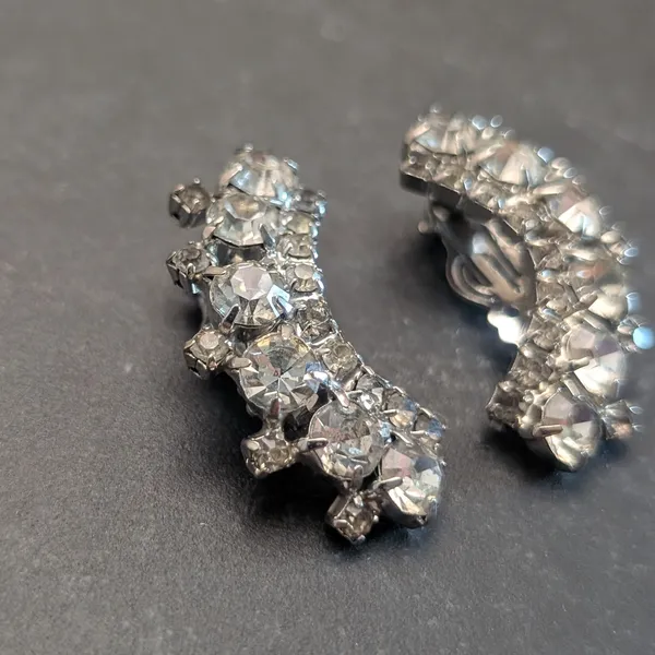 Vintage Clip On Earrings Large Curved Silver Tone & Clear Gems - Statement Glam - Image 4