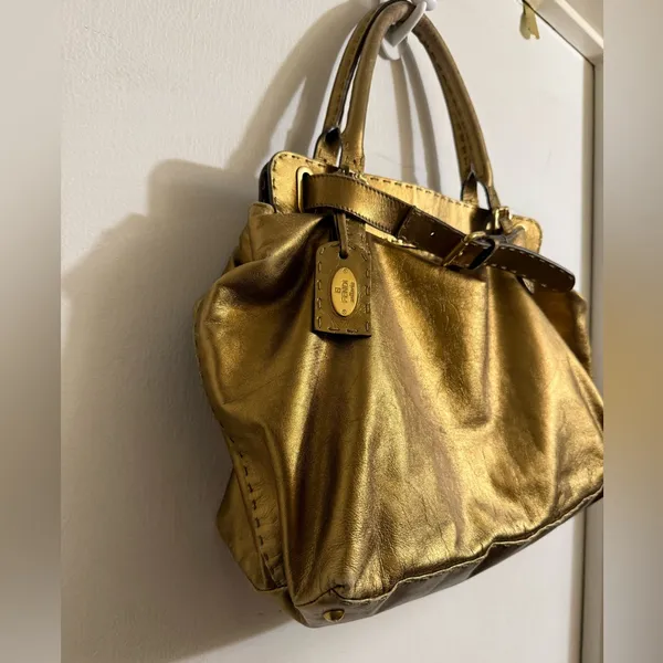 Fendi Gold Leather Selleria Villa Borghese‎ Satchel Shoulder Bag - Image 7