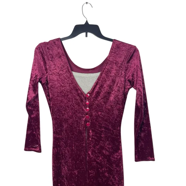 Crushed Velvet Maxi Dress Burgundy Deep VNeck Button Front Gold Sparkle Lining S - Image 3