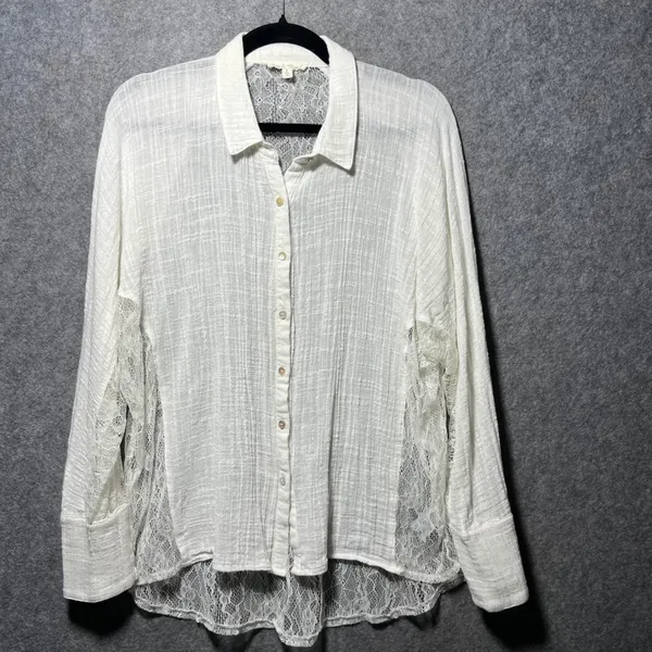 Hem &‎ Thread Ivory Lace Panel Gauze Button Down Shirt Large Boho Romantic Sheer - Image 11