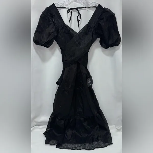 Lulus Celebratory Moment Black Surplice Puff Sleeve Midi Dress - Image 3