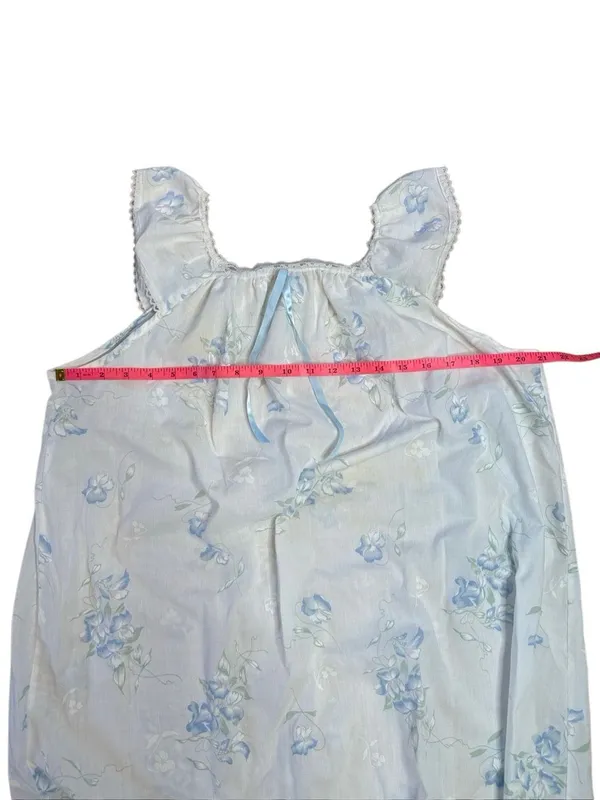 80s Vintage Cotton White and Blue Floral Midi Nightgown Sleep Dress Small - Image 2