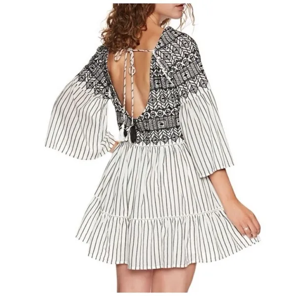 Free People Women's Boho Mini Lola Striped Dress White Black Tiered Embroidered‎ - Image 5