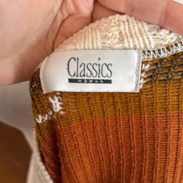 Classic Elements Vintage 90s Cream Fall Tone Orange Green Leaf Print Crewneck Sweater Whimsygoth - Image 4