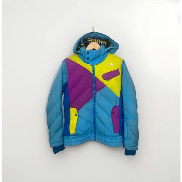 Rare vintage The North Face Jitterbug down jacket in bold blue, pink and yellow - Image 2