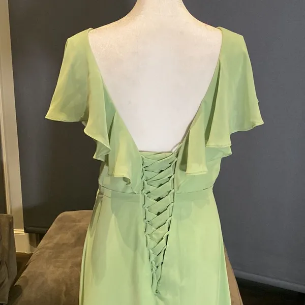 Women’s Full Length Green Chiffon Ruffle Dress Corset Back Leg Slit Size 12 - Image 6