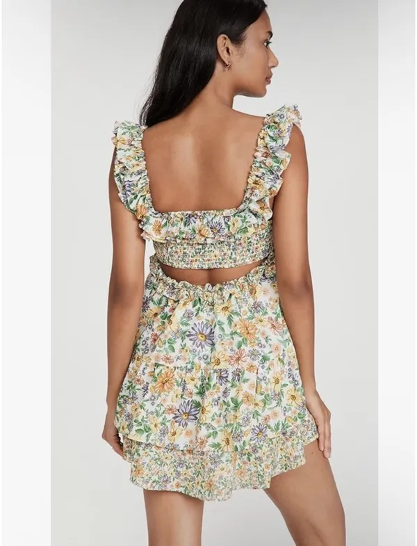 For Love And Lemons Floral Ruffle Mini Dress in White, Green, Yellow - Image 2