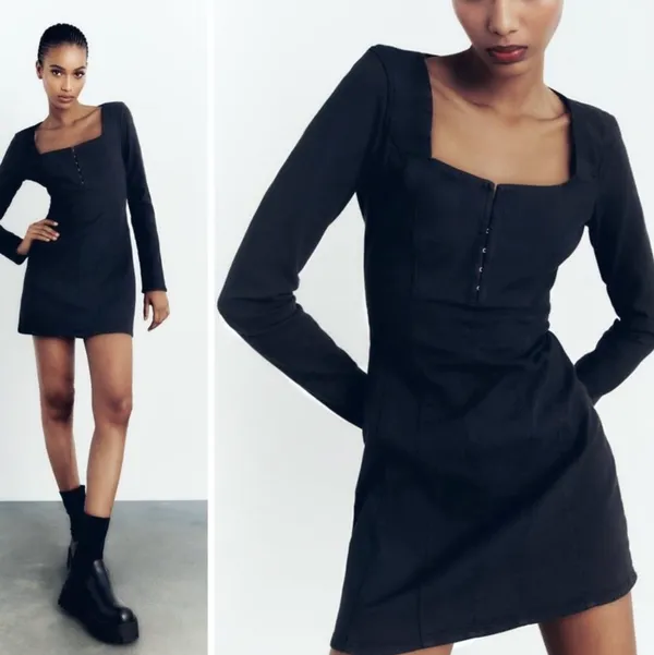 ZARA Black Corset Denim Dress - Image 3